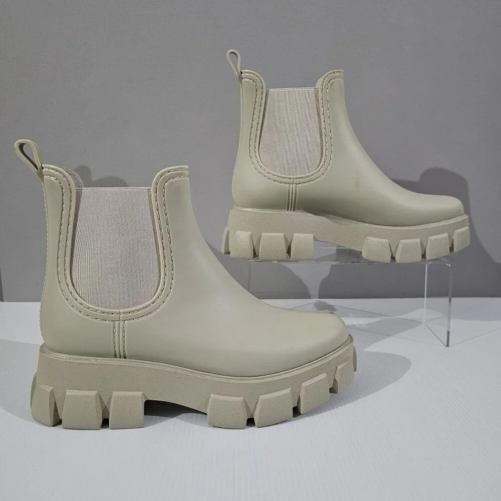 Jeffrey Campbell Play Pleu Rain Boot Womens 9 Cream Platform Chelsea Lug Sole